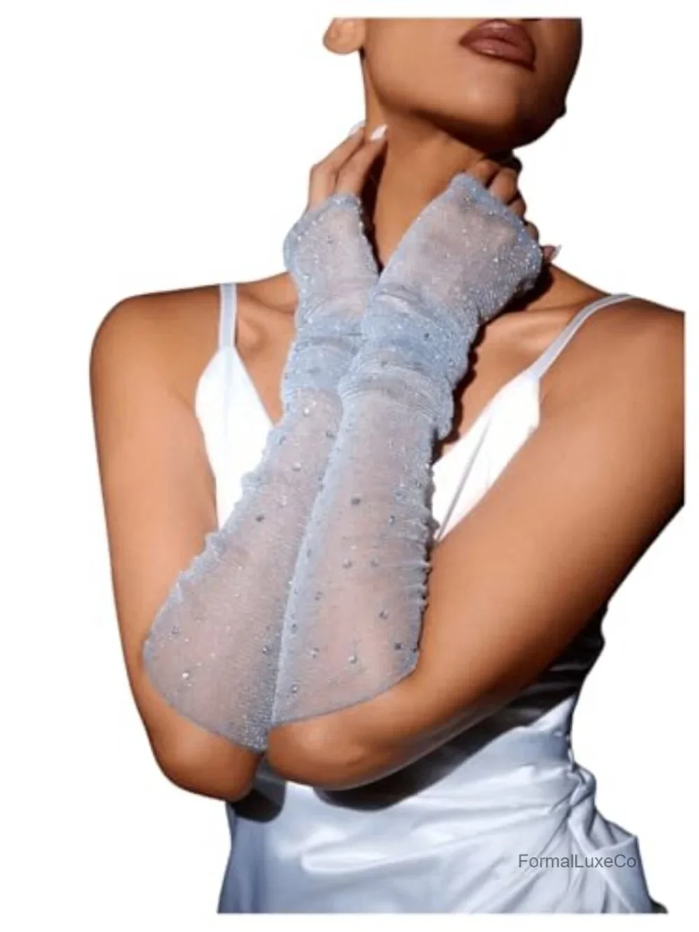 Rhinestone Sparkly Fingerless Gloves Wedding Arm Gloves Mesh Sheer